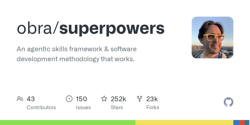 GitHub repository card for obra/superpowers