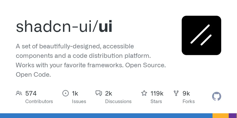 GitHub repository card for shadcn/ui