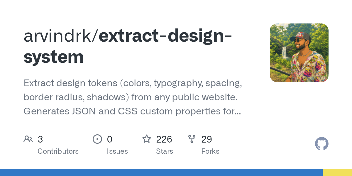 GitHub repository card for arvindrk/extract-design-system