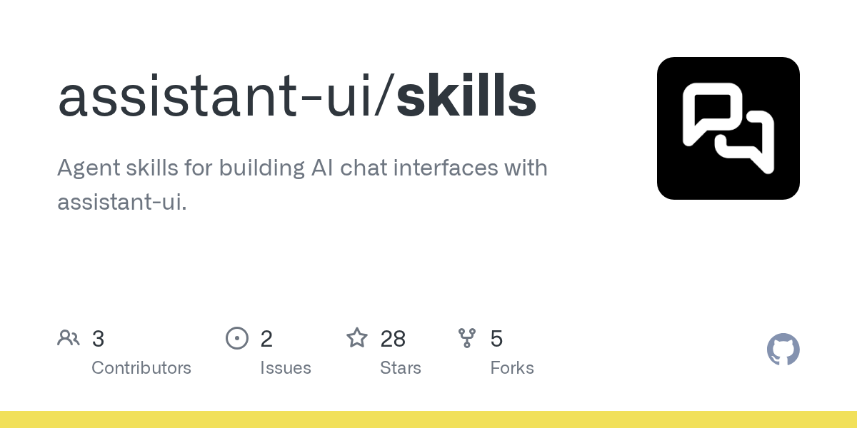 GitHub repository card for assistant-ui/skills