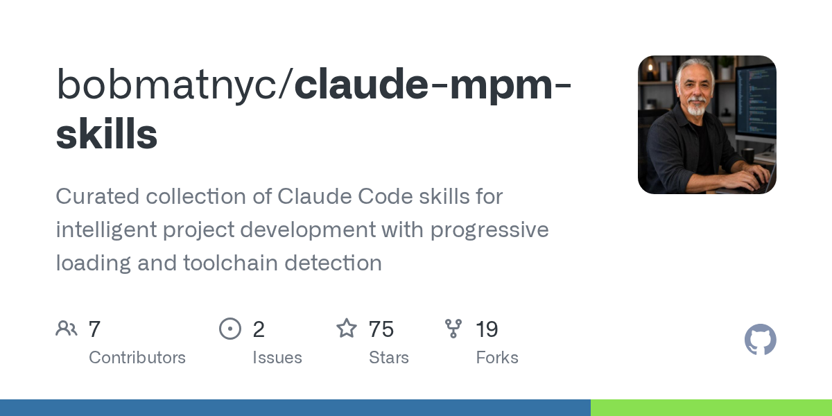 GitHub repository card for bobmatnyc/claude-mpm-skills