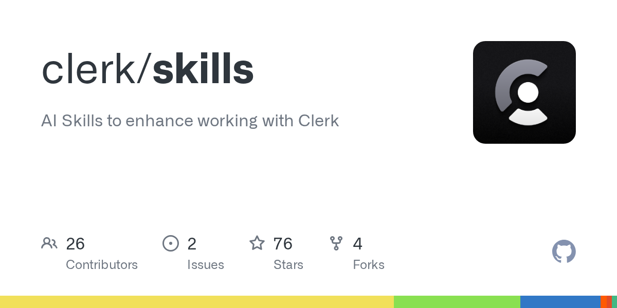 GitHub repository card for clerk/skills