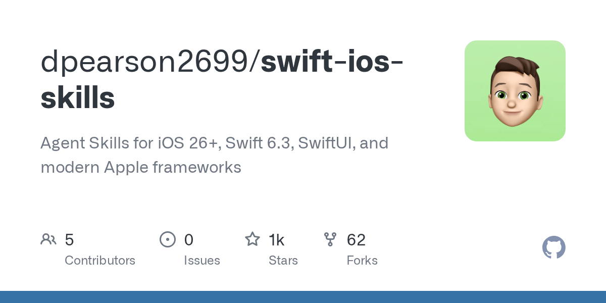 GitHub repository card for dpearson2699/swift-ios-skills