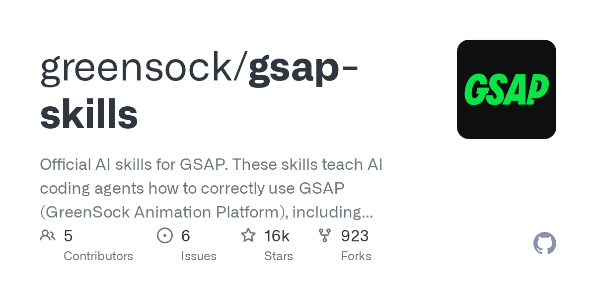 GitHub repository card for greensock/gsap-skills