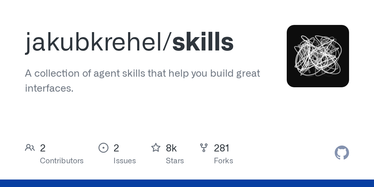 GitHub repository card for jakubkrehel/skills