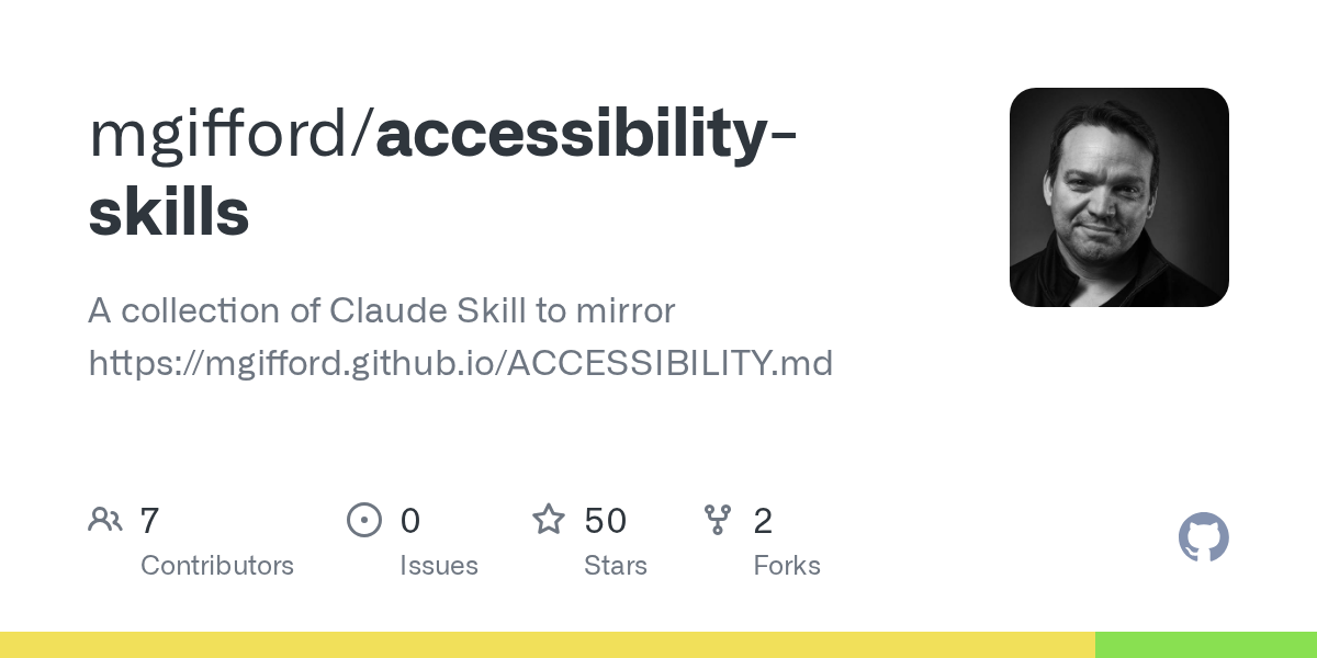 GitHub repository card for mgifford/accessibility-skills