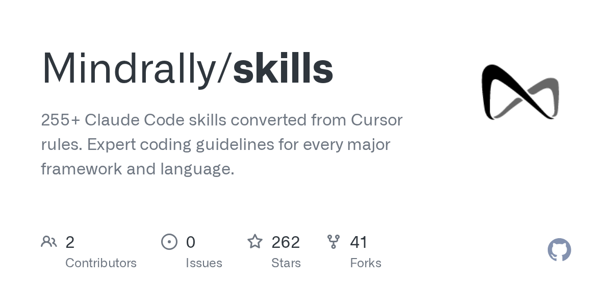 GitHub repository card for mindrally/skills