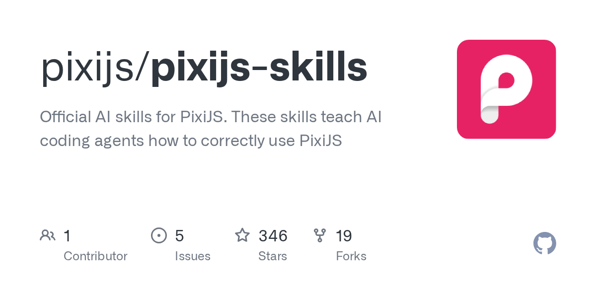 GitHub repository preview card for pixijs/pixijs-skills