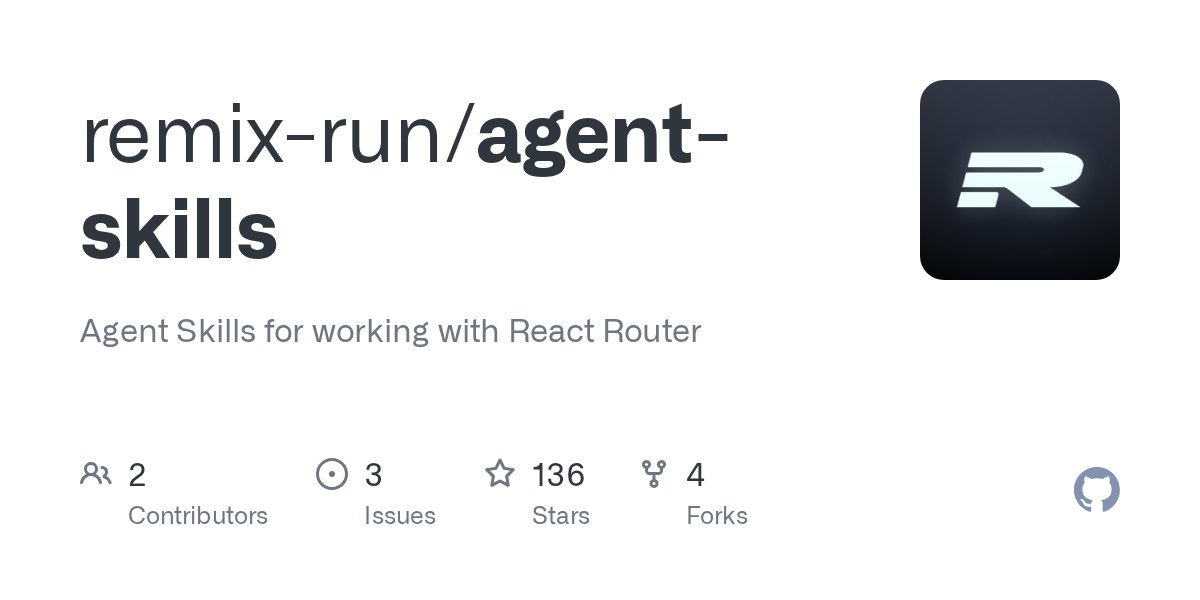 GitHub repository card for remix-run/agent-skills