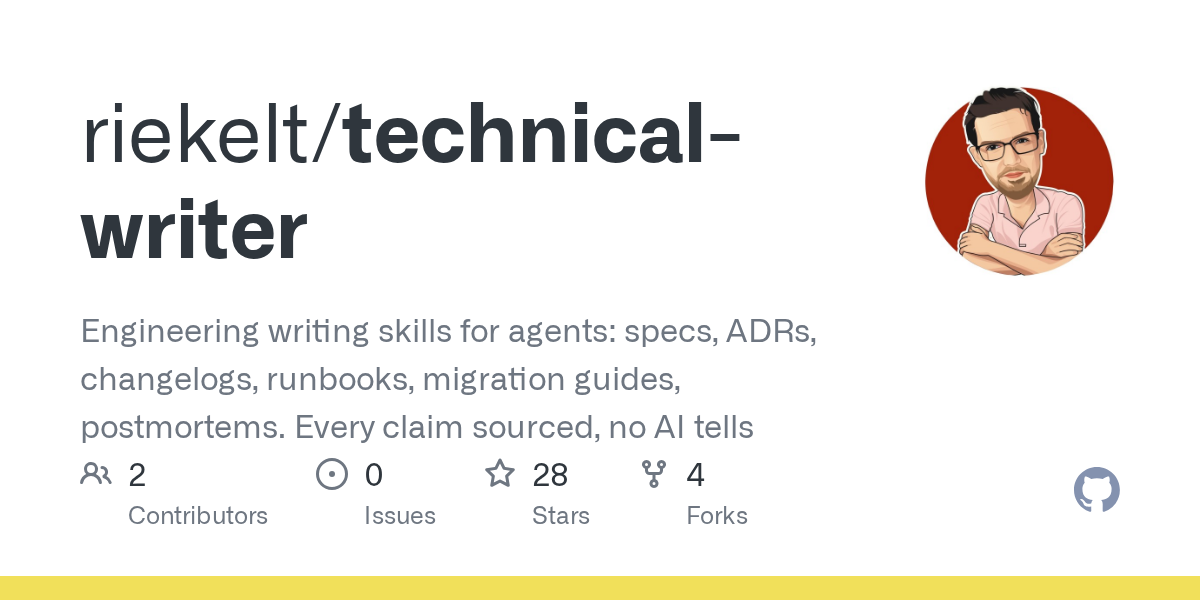 GitHub repository card for riekelt/technical-writer