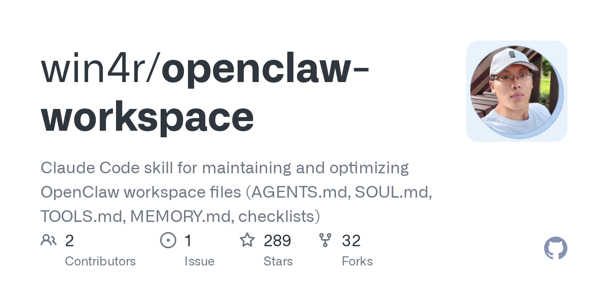 GitHub Open Graph preview for win4r's OpenClaw workspace skill.