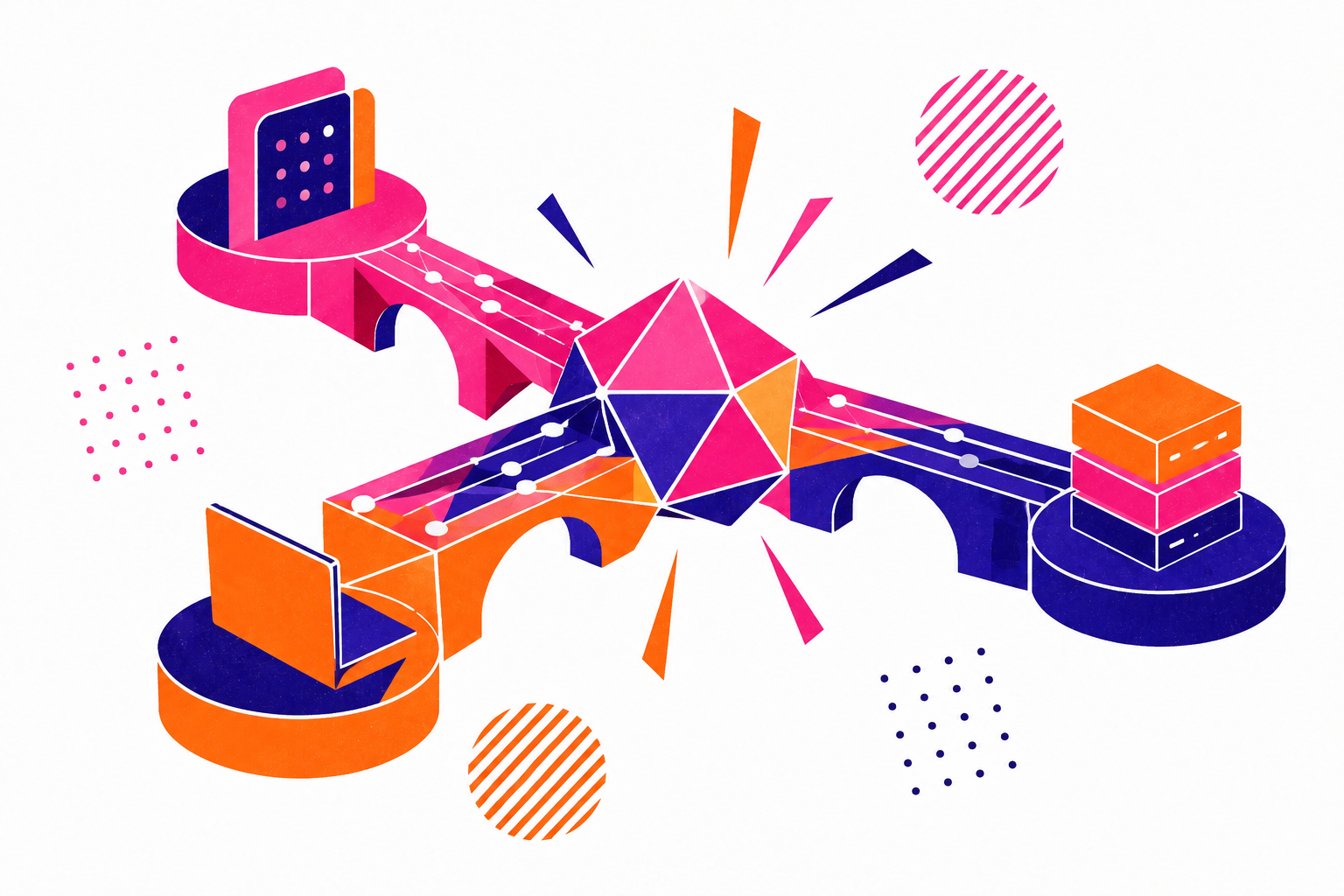 Flat editorial illustration of Kotlin workflows branching from a central language mark into testing, backend, concurrency, native, and GraphQL paths.