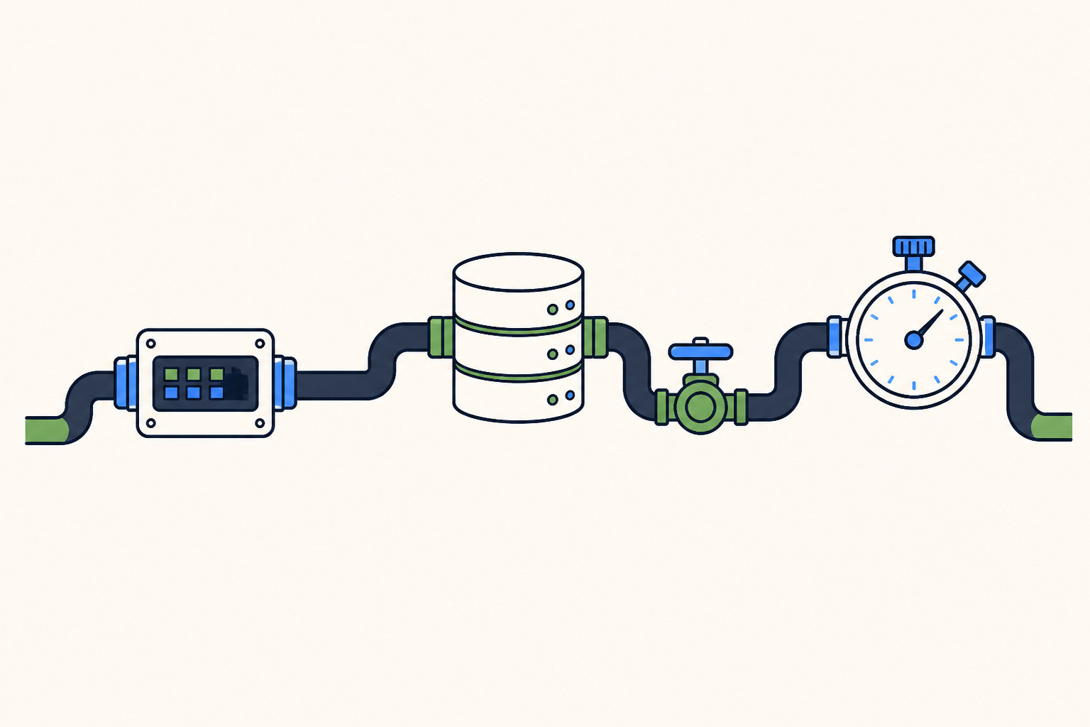 Flat editorial illustration of modern Node.js backend runtime architecture featuring event loops, asynchronous stream pipelines, and microservices in deep emerald green and slate tones.