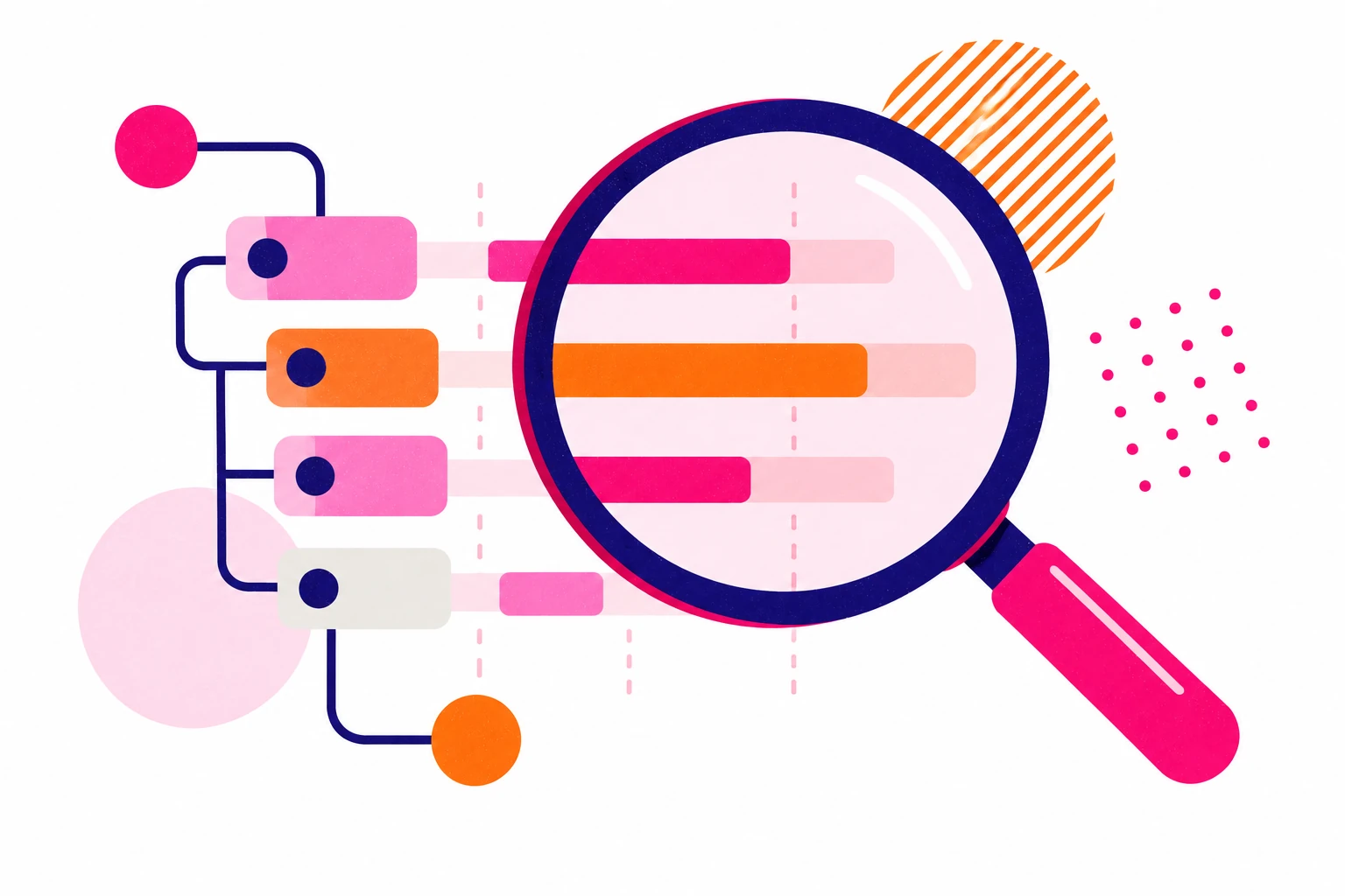 A magnifying lens over colored timing bars and linked nodes.