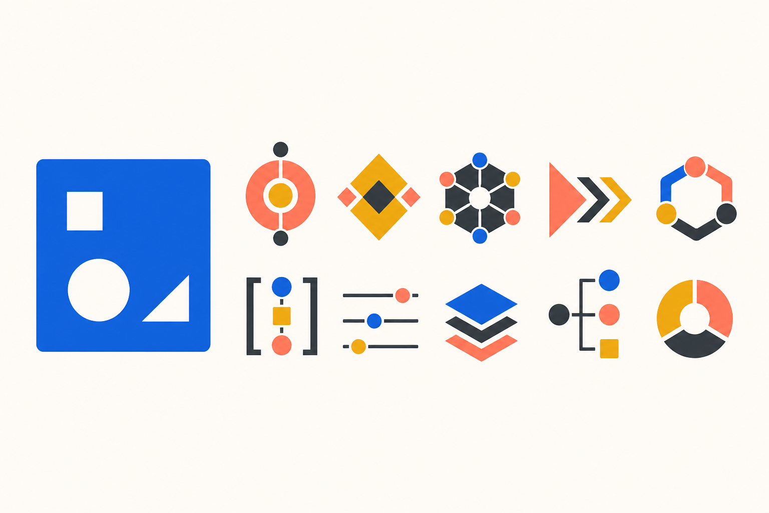 Flat editorial illustration of a blue TypeScript tile balancing a set of colored geometric type tokens.